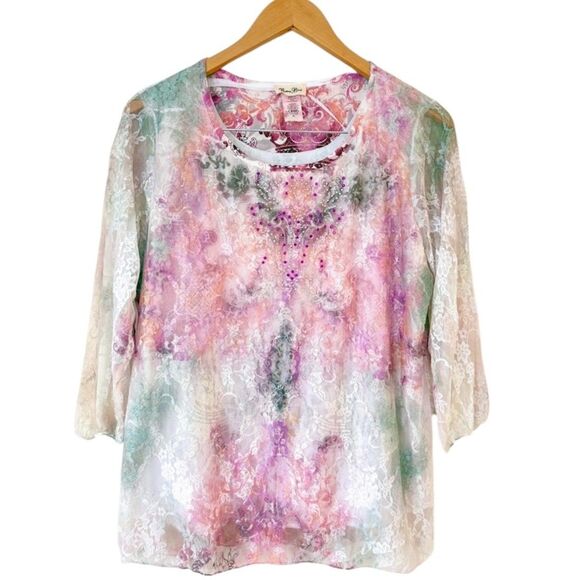 Y2K Brittany Black Pastel Floral Lace Overlay Top Size PL Fairy Whimsical - Picture 1 of 8